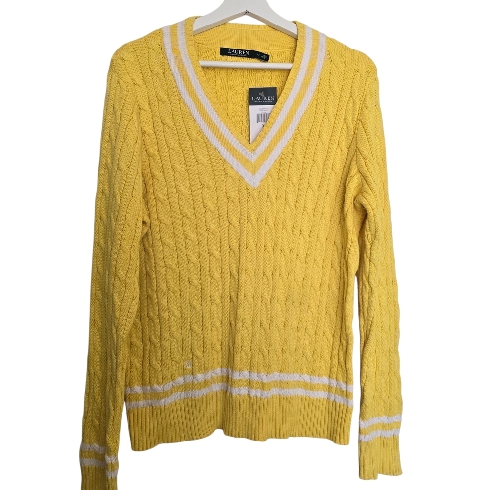 NWT Lauren Ralph Lauren Yellow V-Neck Preppy Sweater with White Accents